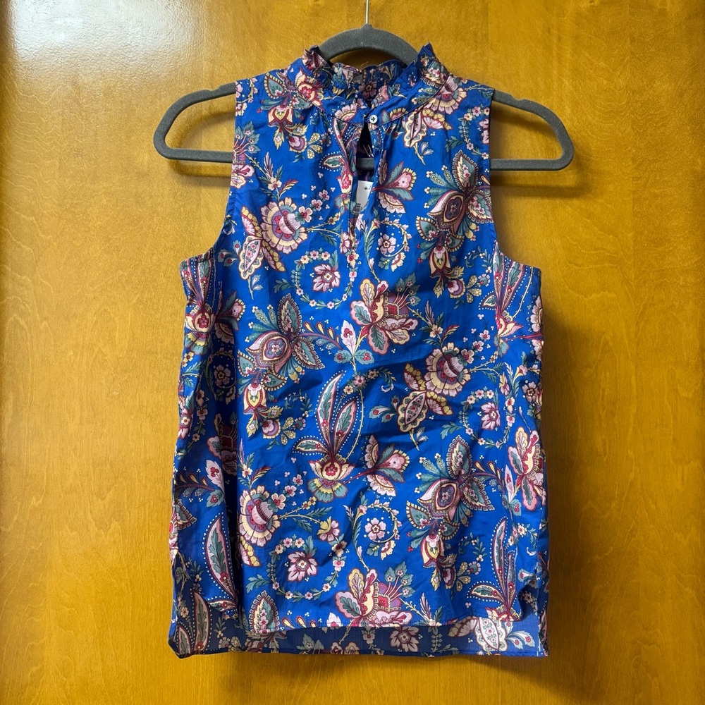 NWT J. Crew 100% Cotton Blue Floral Sleeveless Blouse Size 2
